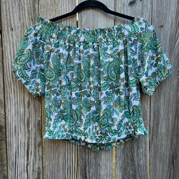 LOFT Floral Green White Crinkle Off Shoulder Paisley Cropped Top Wom Large NWT - Picture 10 of 11
